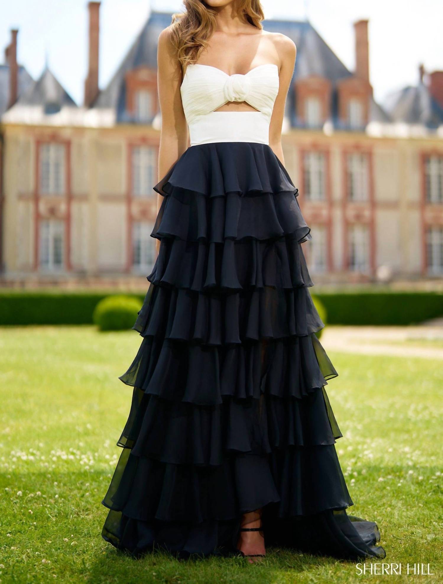 Sherri Hill Ruffle Skirt Strapless Sweetheart Dress in ivory black - women's dress - detail view
