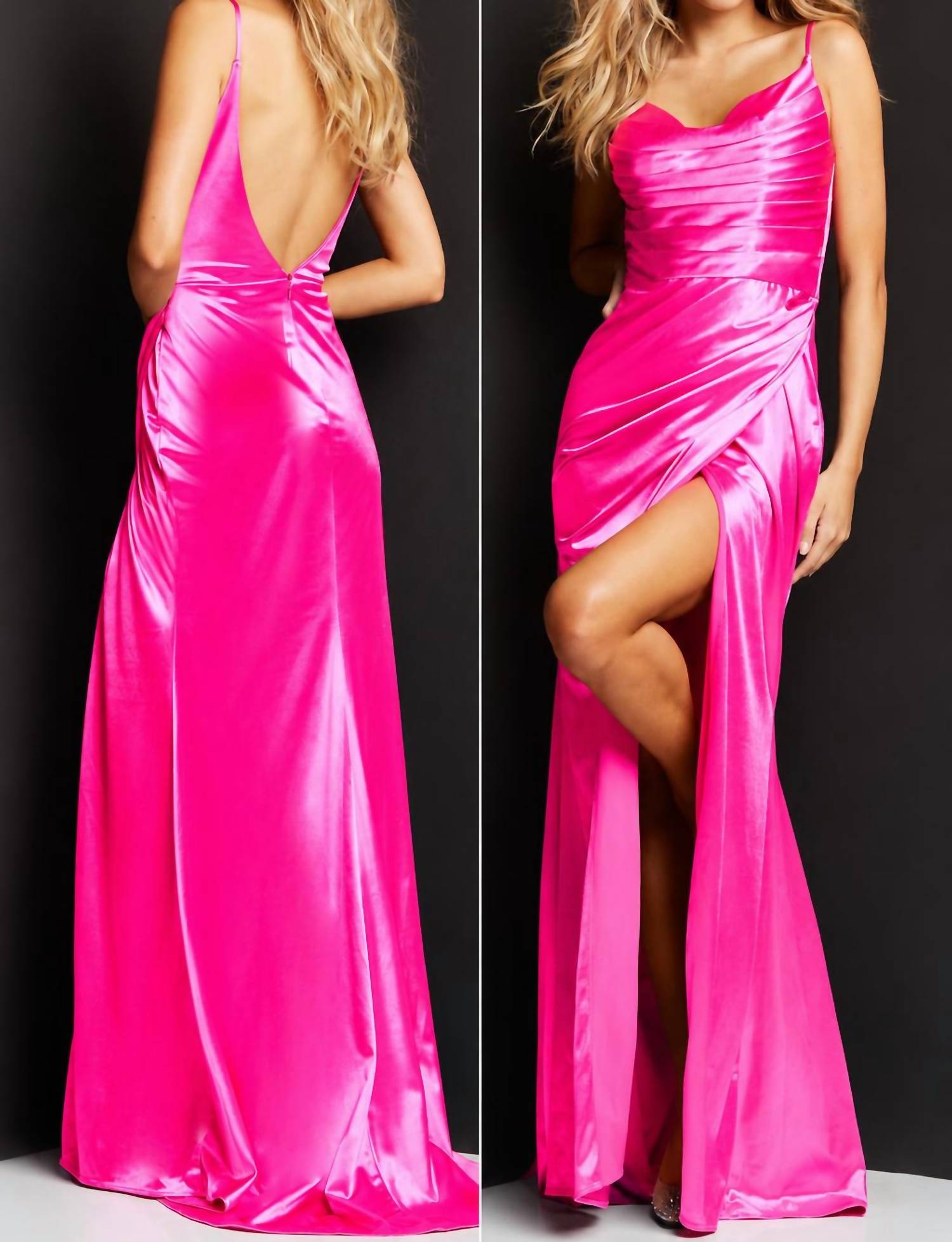 JOVANI Cowl Neck High Slit Prom Dress in neon pink - women's dress - alternate view