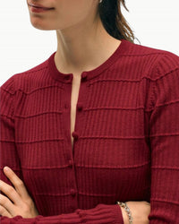White + Warren Cashmere Textured Henley Top in deep crimson - women's long sleeve top - detail view