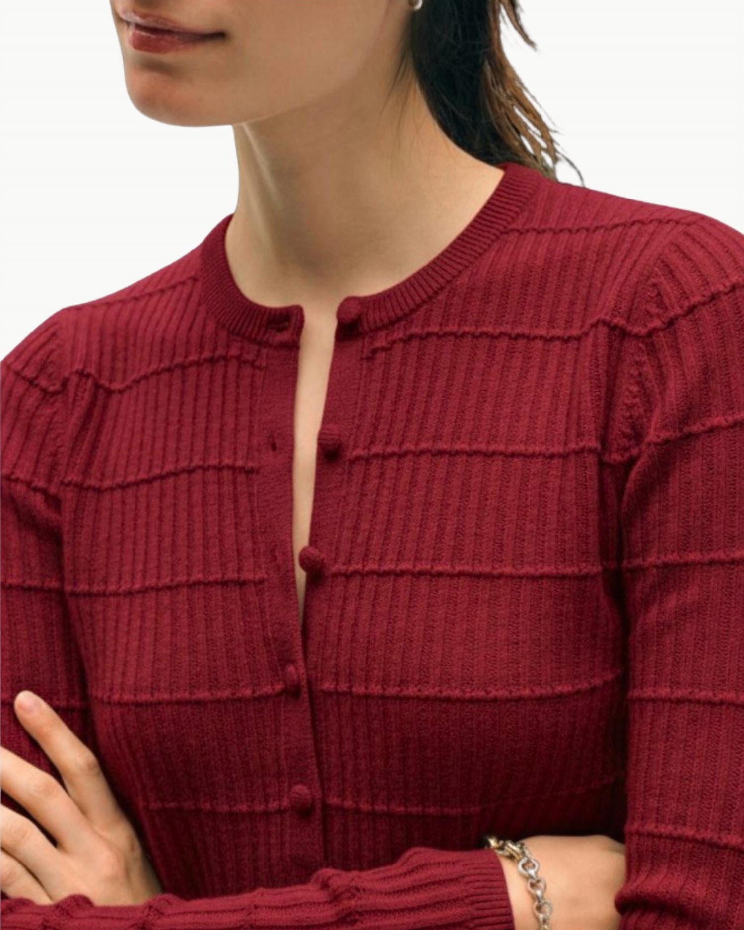 White + Warren Cashmere Textured Henley Top in deep crimson - women's long sleeve top - detail view