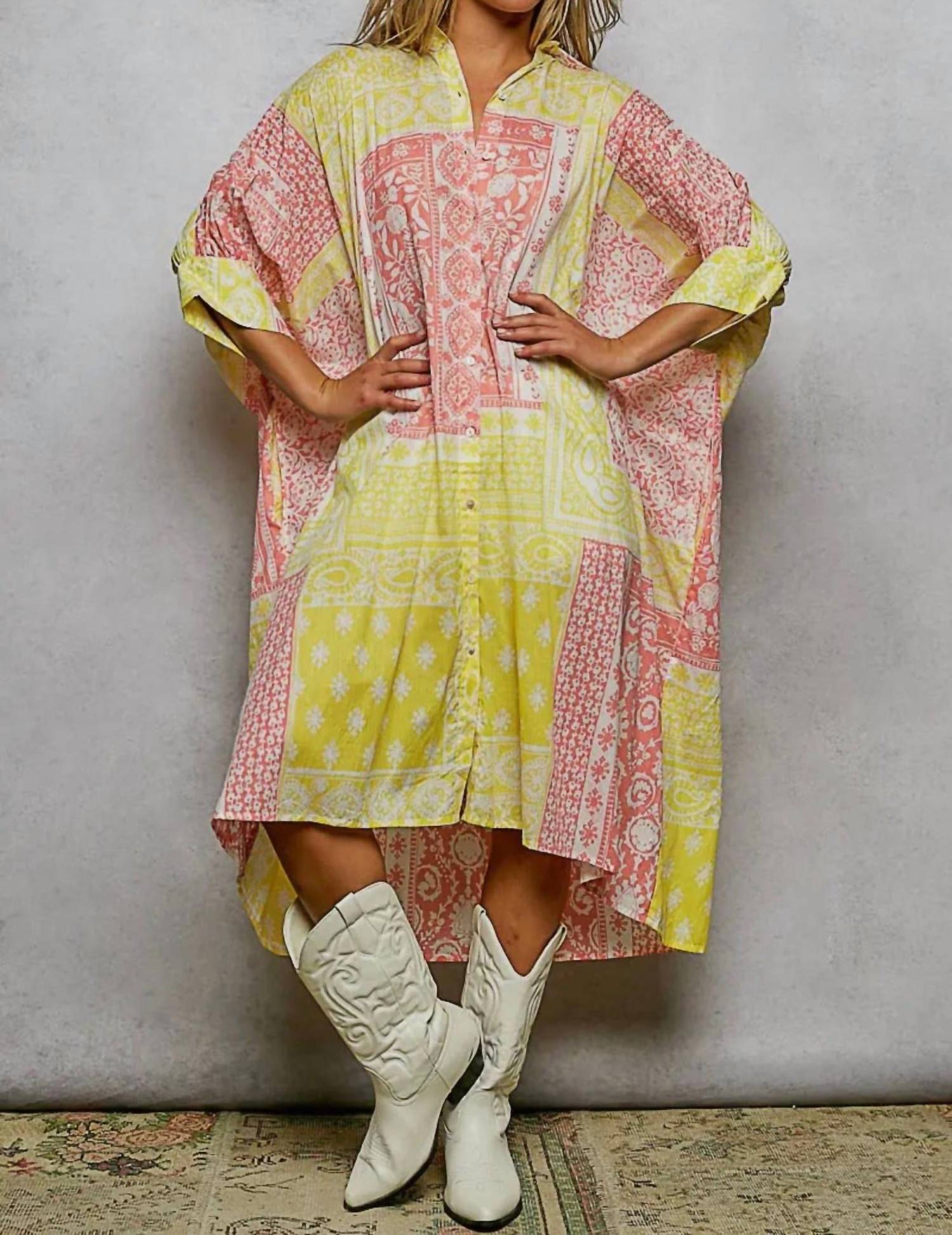 POL Half Sleeve Printed Oversized Shirt Dress in lemon multi - women's dress - view 5