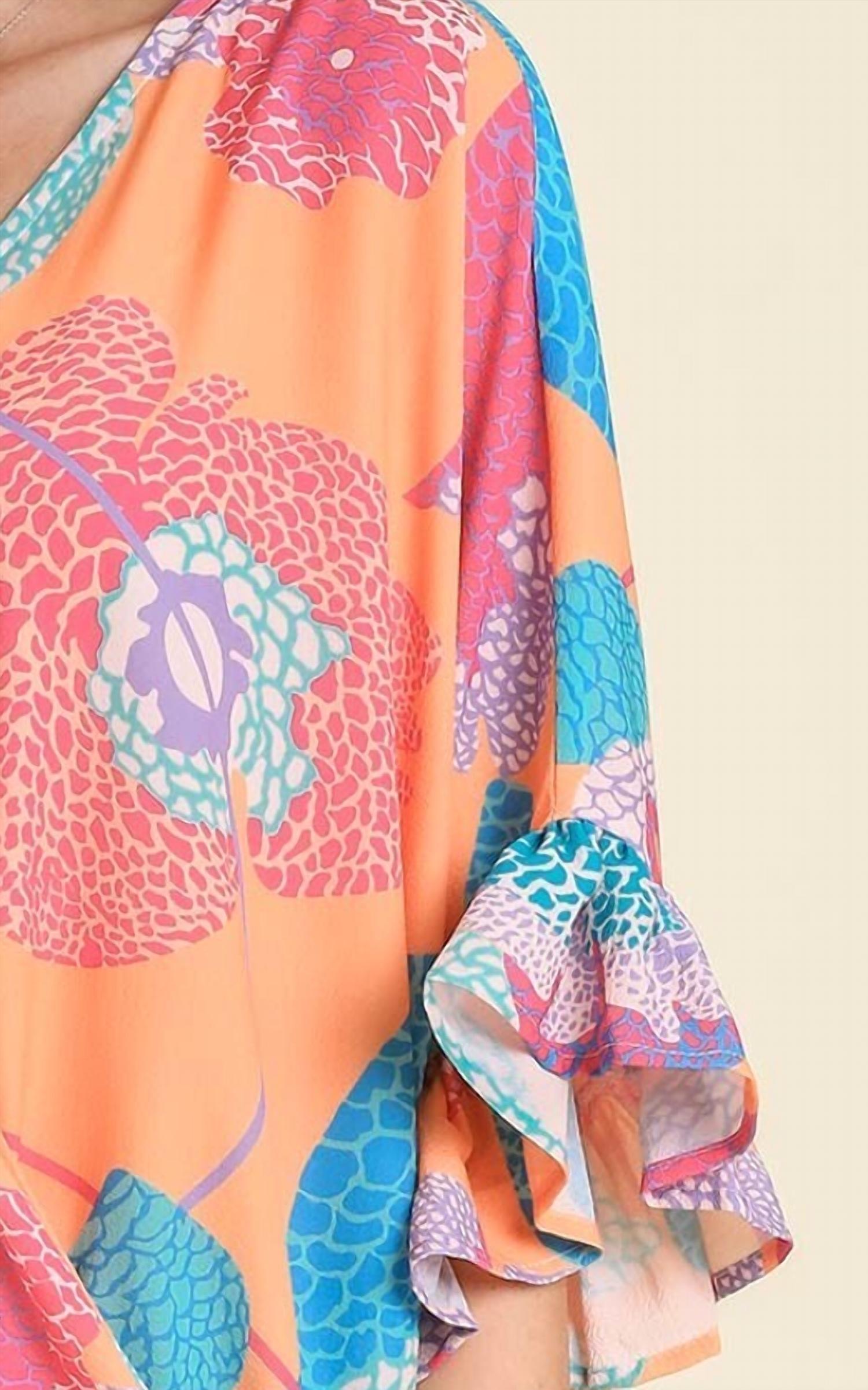 Umgee - Print V-neck Top With Ruffled Sleeves
