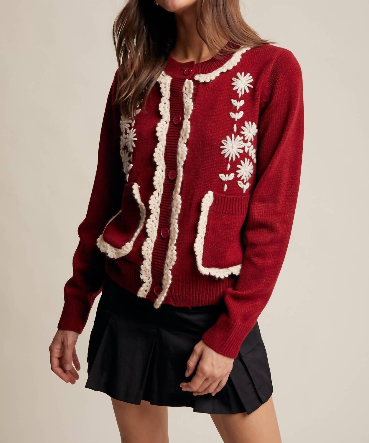 Listicle - Daisy Embroidered Trim Cardigan Sweater