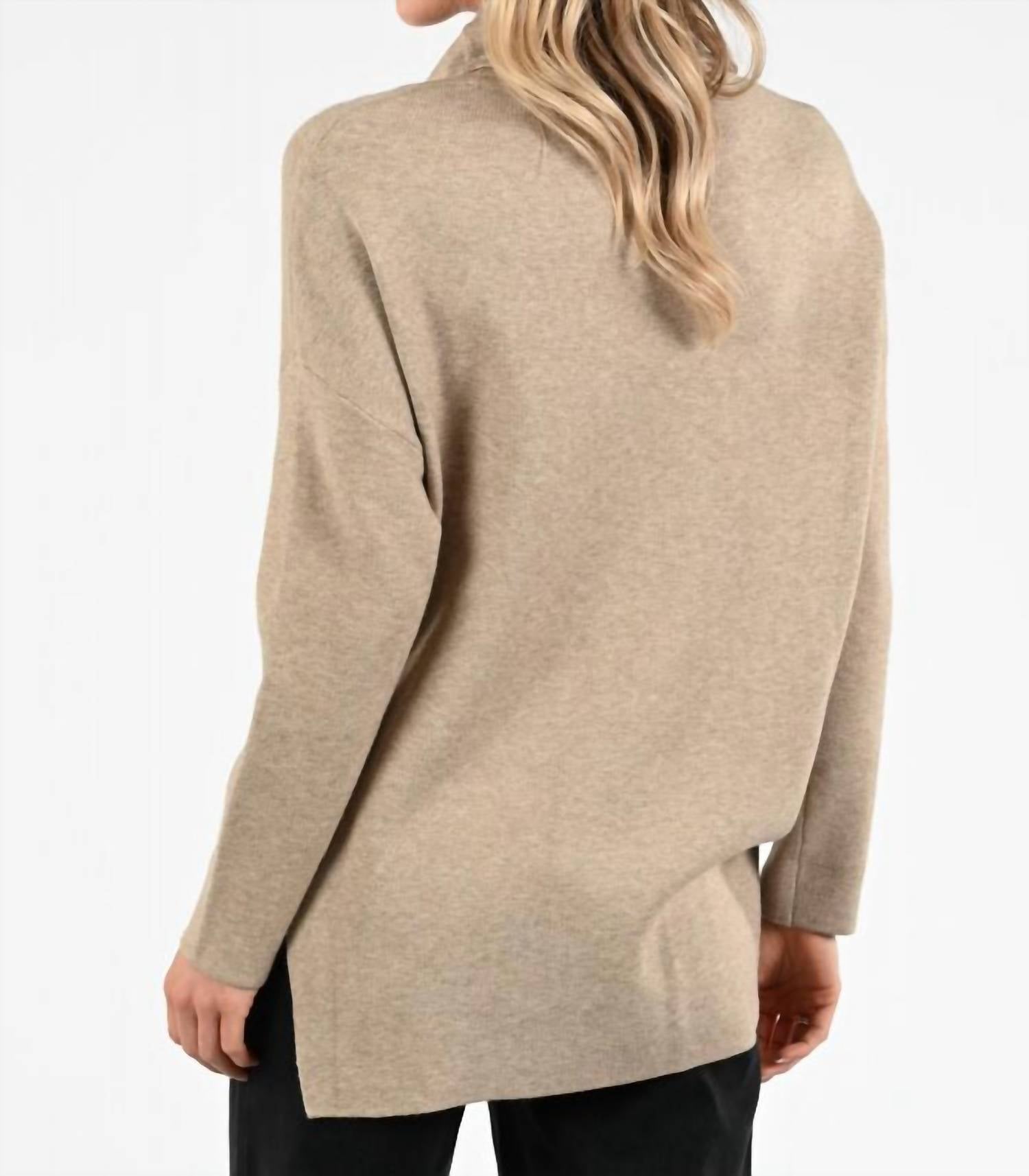 Joseph Ribkoff Cowl Neck Embellished Asymmetric Sweater Top in oatmeal - women's sweater - detail view