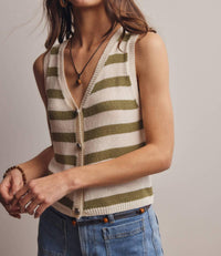 Forte Striped Button-front Knit Vest Top in sage - women's tank top - view 6