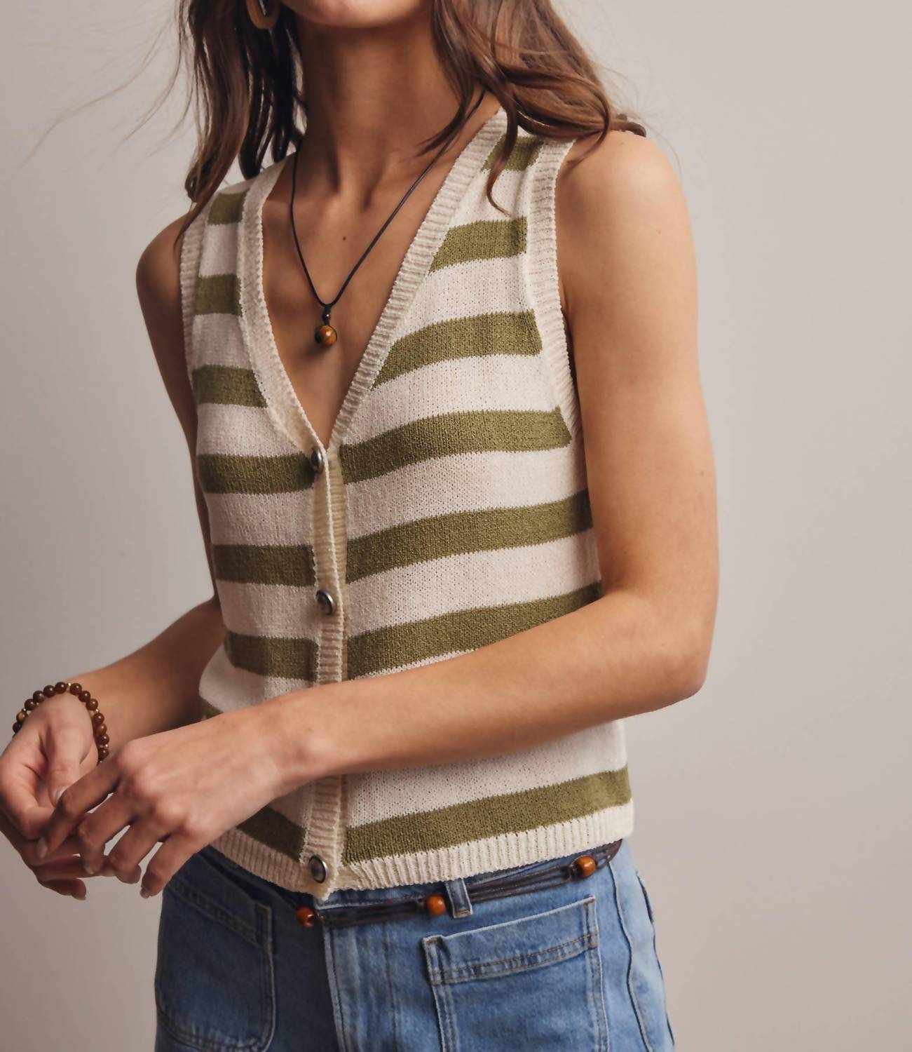 Forte Striped Button-front Knit Vest Top in sage - women's tank top - view 6