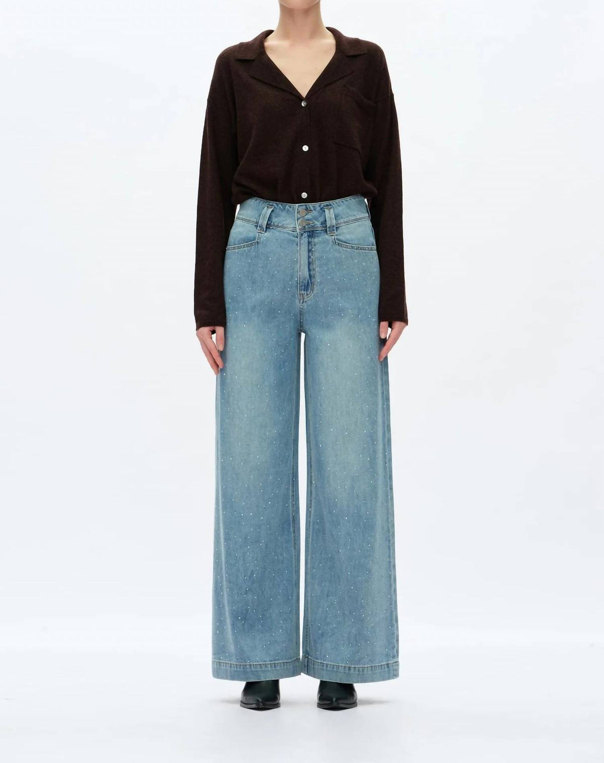 Bayeas - Super High Rise Rhinestone Wide Leg Jeans