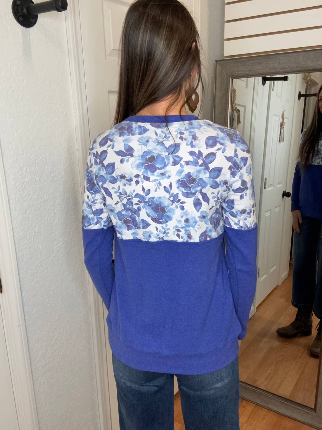 Michelle Mae Natalie Pullover Top in sapphire floral - women's long sleeve top - detail view