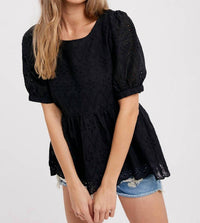 Bluivy - Eyelet Lace Puff Sleeve Peplum Top