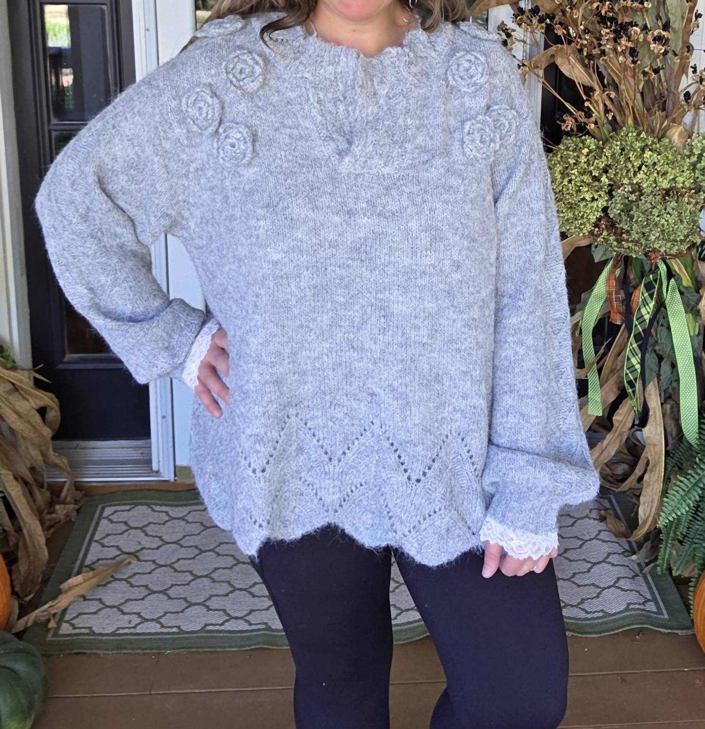POL Floral Trim Sweater With Scallops And Lace Trim in heather grey - women's sweater