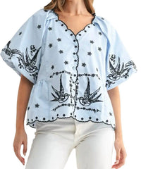 Joh Juanita Embroidered Top in light blue - women's blouse
