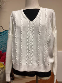 Kokun Women's V Neck Cable Sweater in white - women's sweater