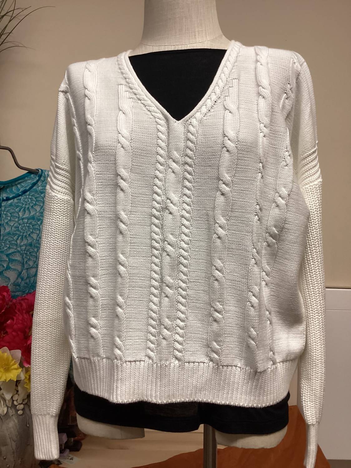 Kokun Women's V Neck Cable Sweater in white - women's sweater