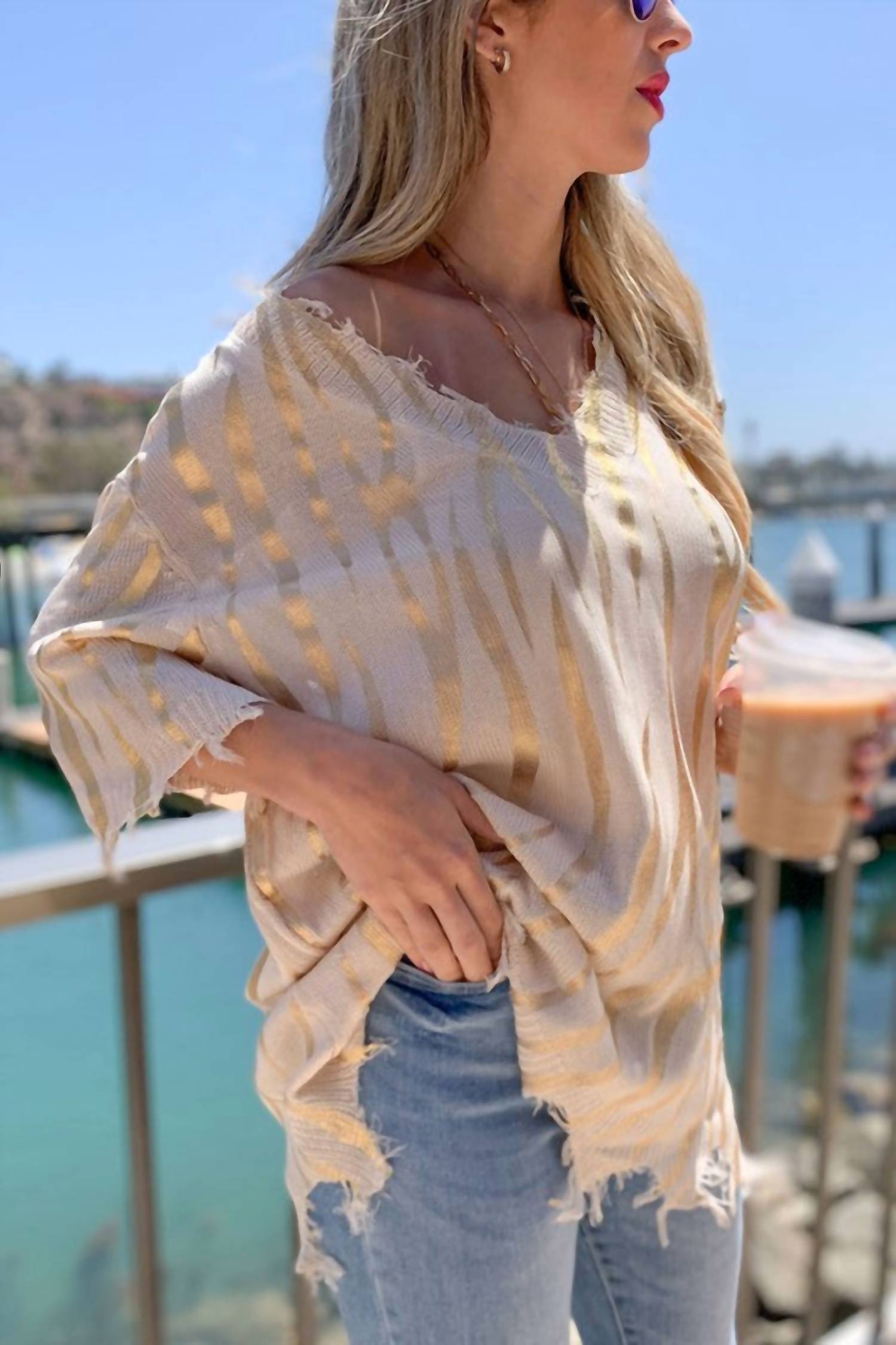 Amoli Zero Effort Zebra Knit Top in ivory - women's blouse - detail view