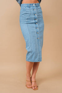 Blue B Mid Rise Fitted Button Up Midi Denim Pencil Skirt in light wash - women's skirt