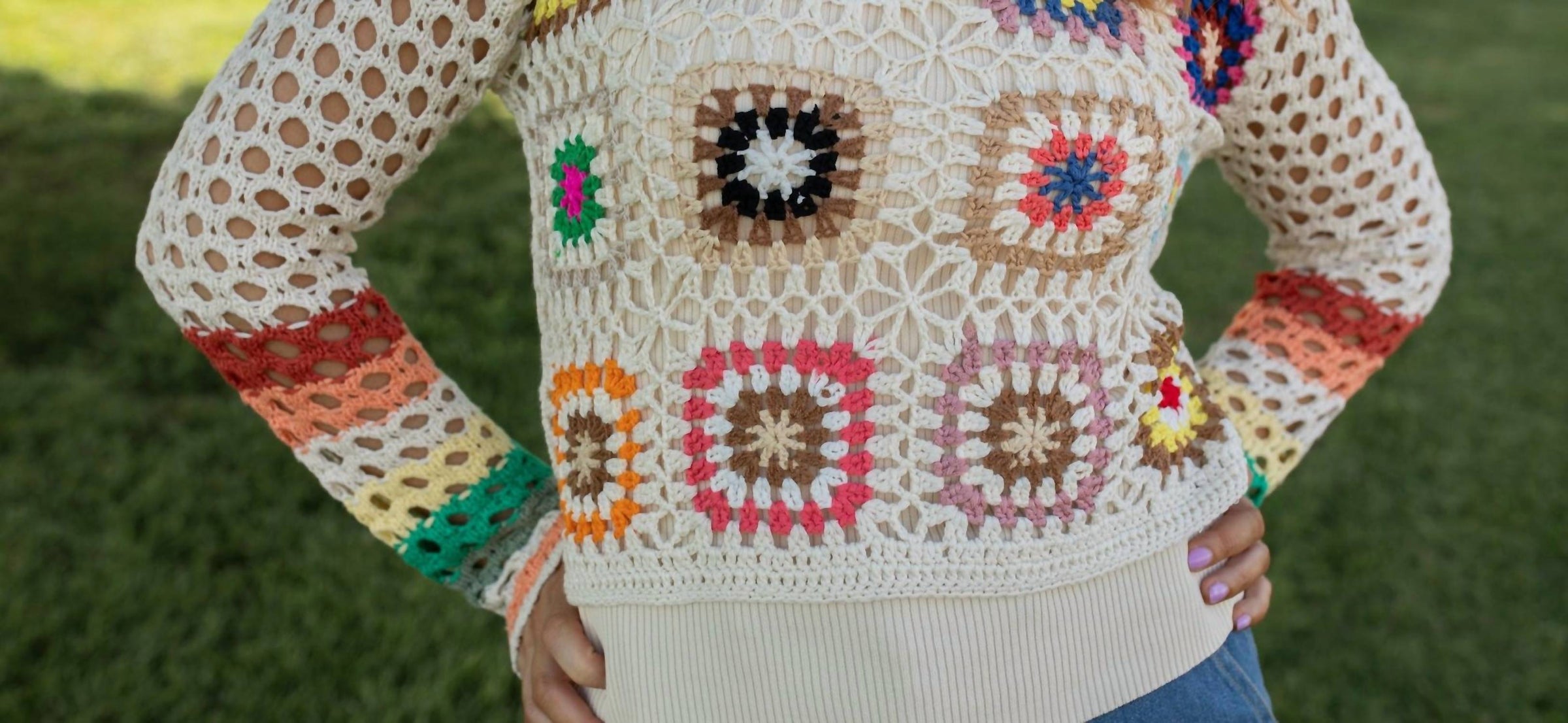 ADORA Boho Bliss Crochet Top in multicolor - women's long sleeve top - detail view