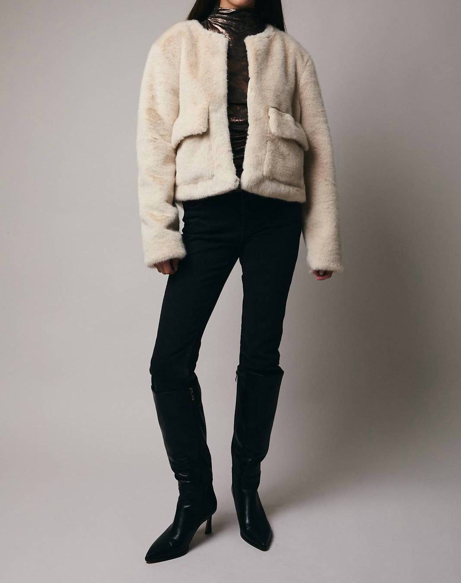 Sunday Edition Cropped Long Sleeve Fur Coat in beige - women's jacket