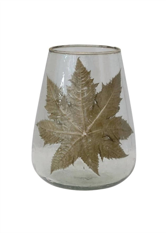 Creative Co-Op - Blown Glass Hurricane with Pressed Leaf