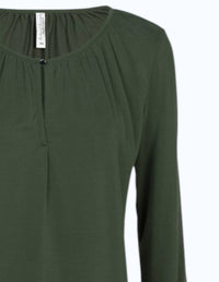 summum Women's Long Sleeve Gathered Top in deep green - women's blouse - detail view
