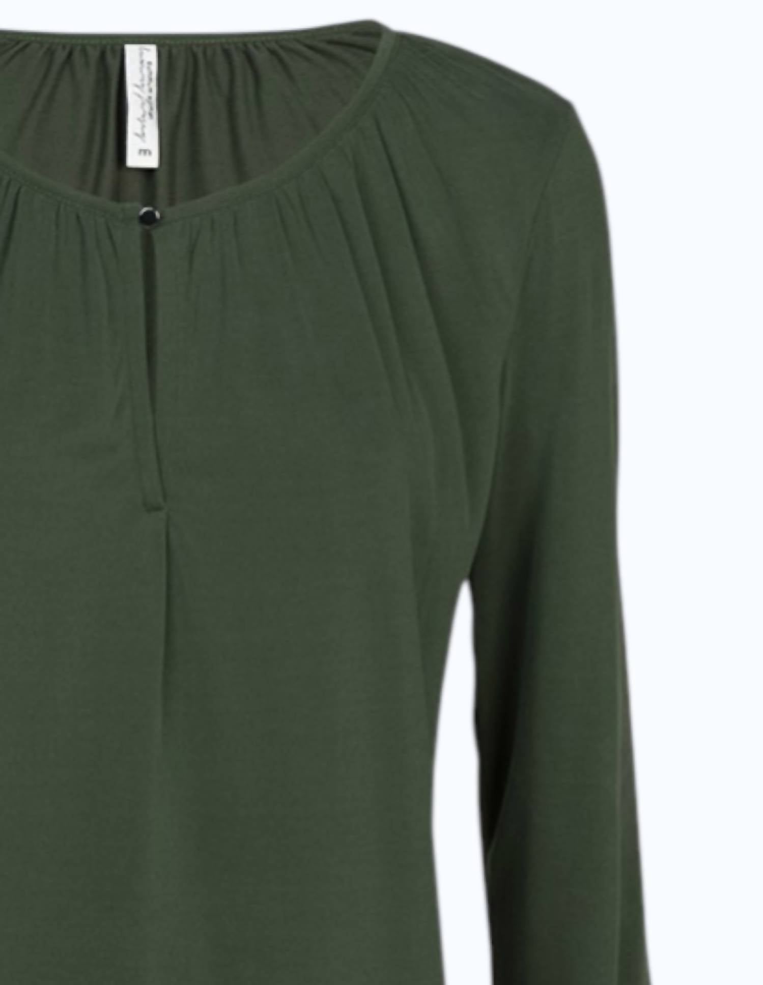 summum Women's Long Sleeve Gathered Top in deep green - women's blouse - detail view