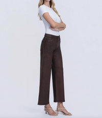 FLYING MONKEY High Rise Coated Wide Leg Jeans in chicory coffee - women's jeans - detail view