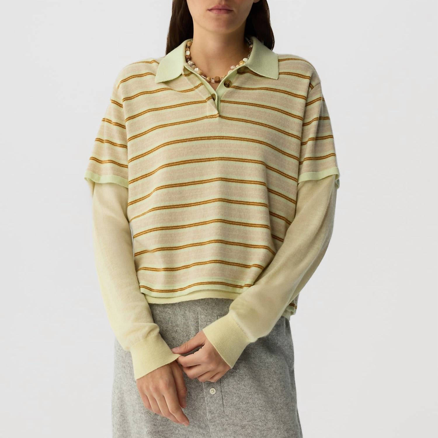Guest In Residence Layered Stripe Rugby Sweater in residence layered stripe rugby sweater in limewash - women's sweater - detail view