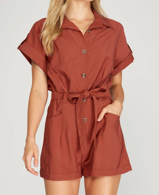 Drop Shoulder Woven Twill Romper With Pockets