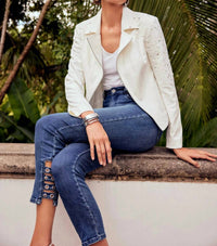 Joseph Ribkoff - Embellished Hem Ankle Grommets Straight Jeans