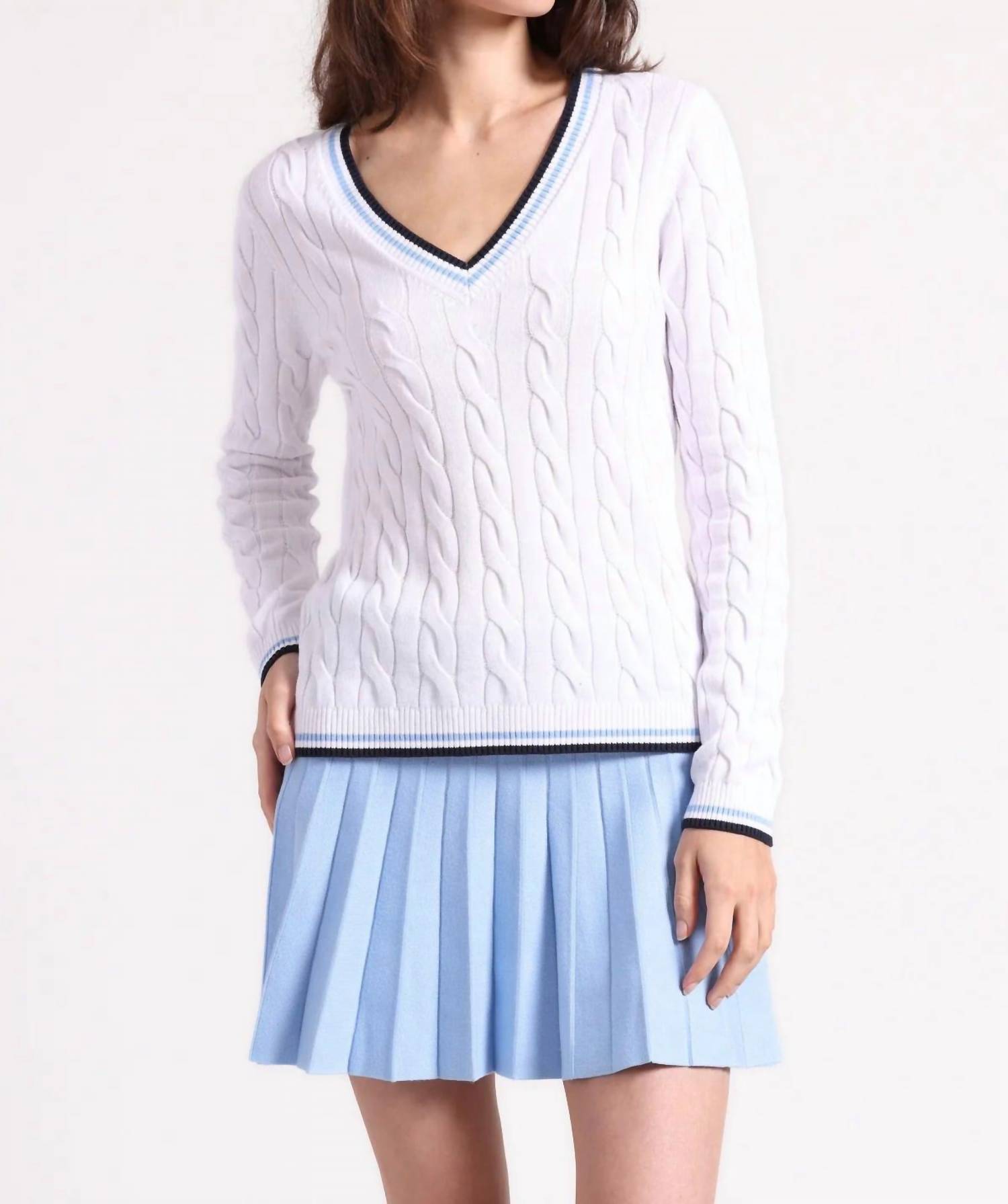 Minnie Rose - Cotton Cable Sporty V Neck Sweater