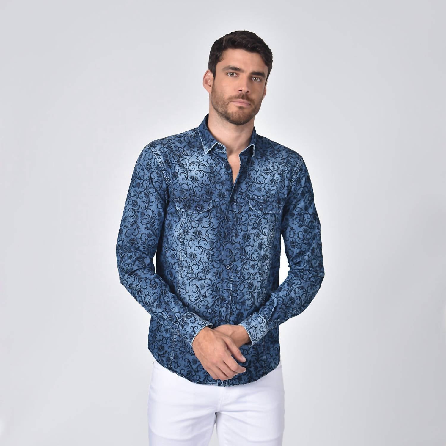 Eight X - Denim Button Down Shirt With Baroque Print Flocking