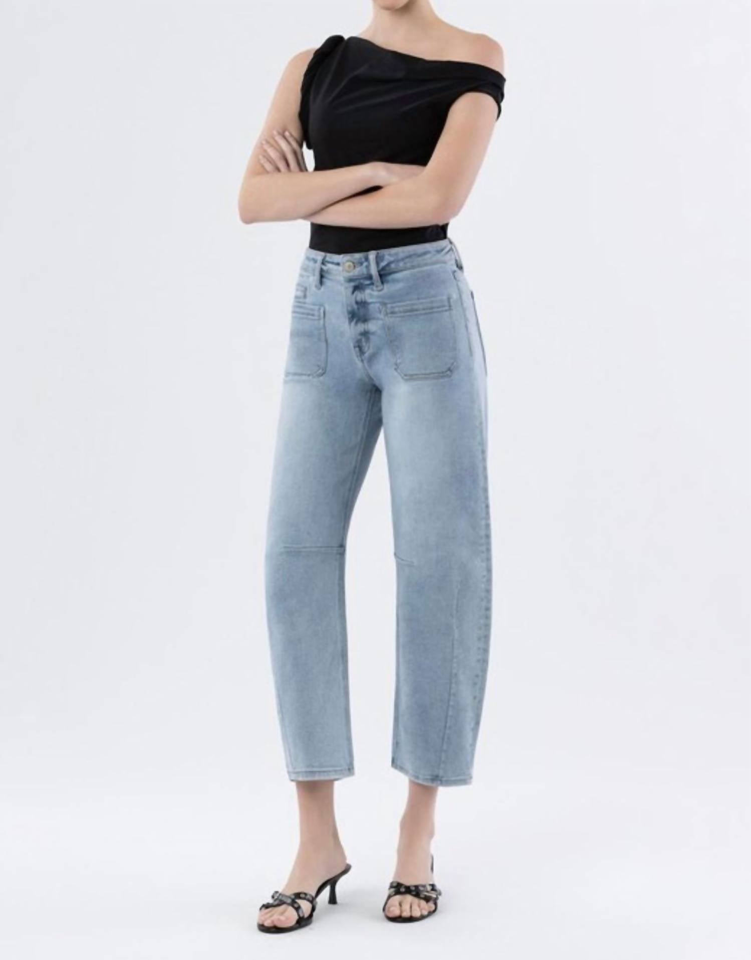 VERVET BY FLYING MONKEY High Rise Patch Pocket Barrel Jeans in blue - women's jeans