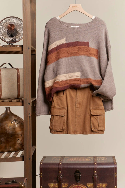 Mello - Women's Raw Hem Obstract Print Boat Neck Knit Sweater