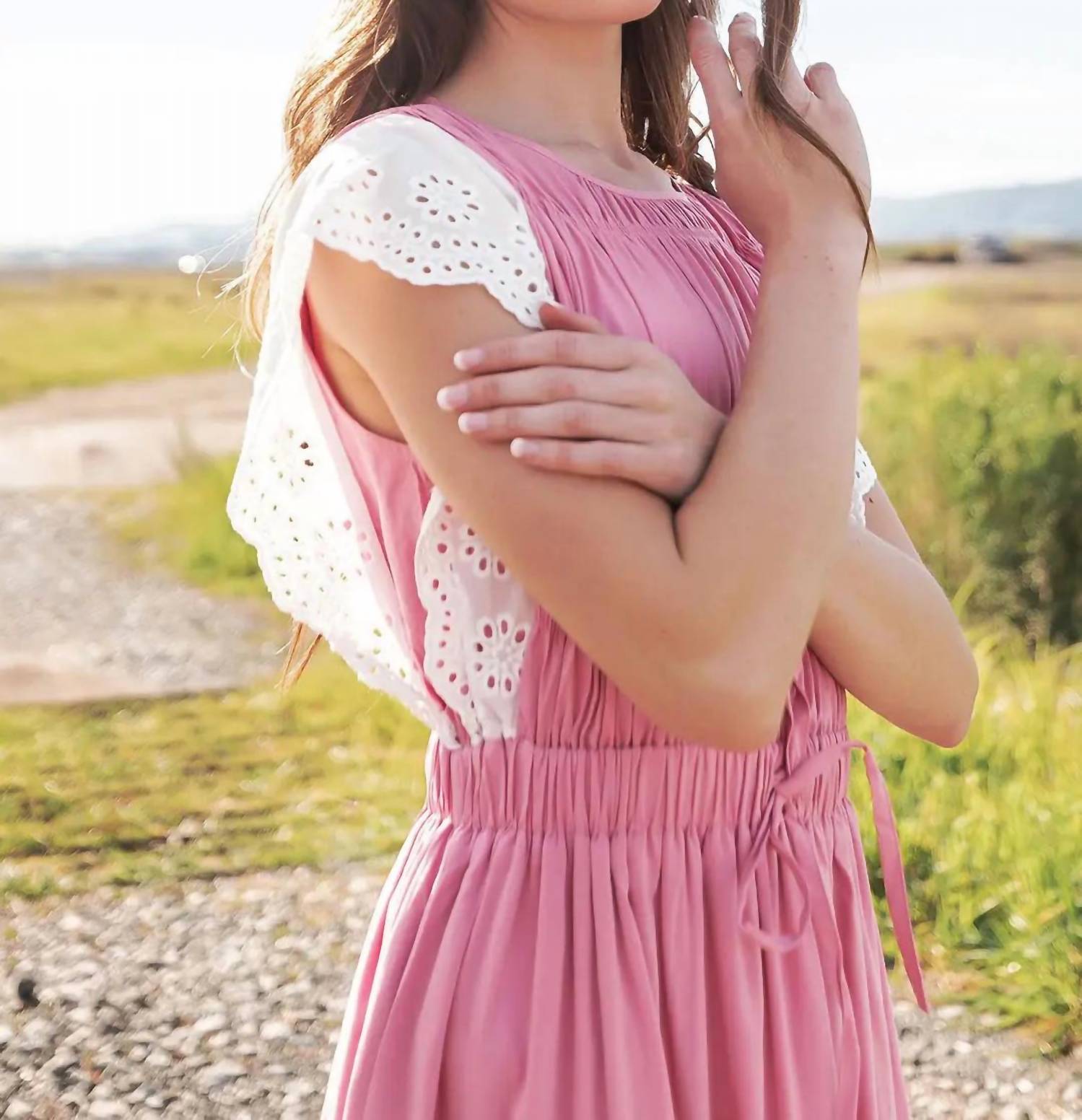 Strut & Bolt Eyelet Trim Tiered Midi Dress in pink - women's dress - view 4