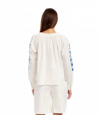 Karen Kane - Embroidered Blouson Sleeve Tie-Neck Peasant Top
