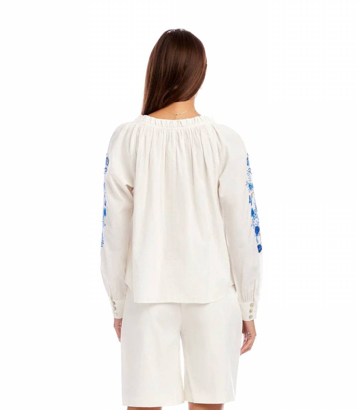 Karen Kane - Embroidered Blouson Sleeve Tie-Neck Peasant Top