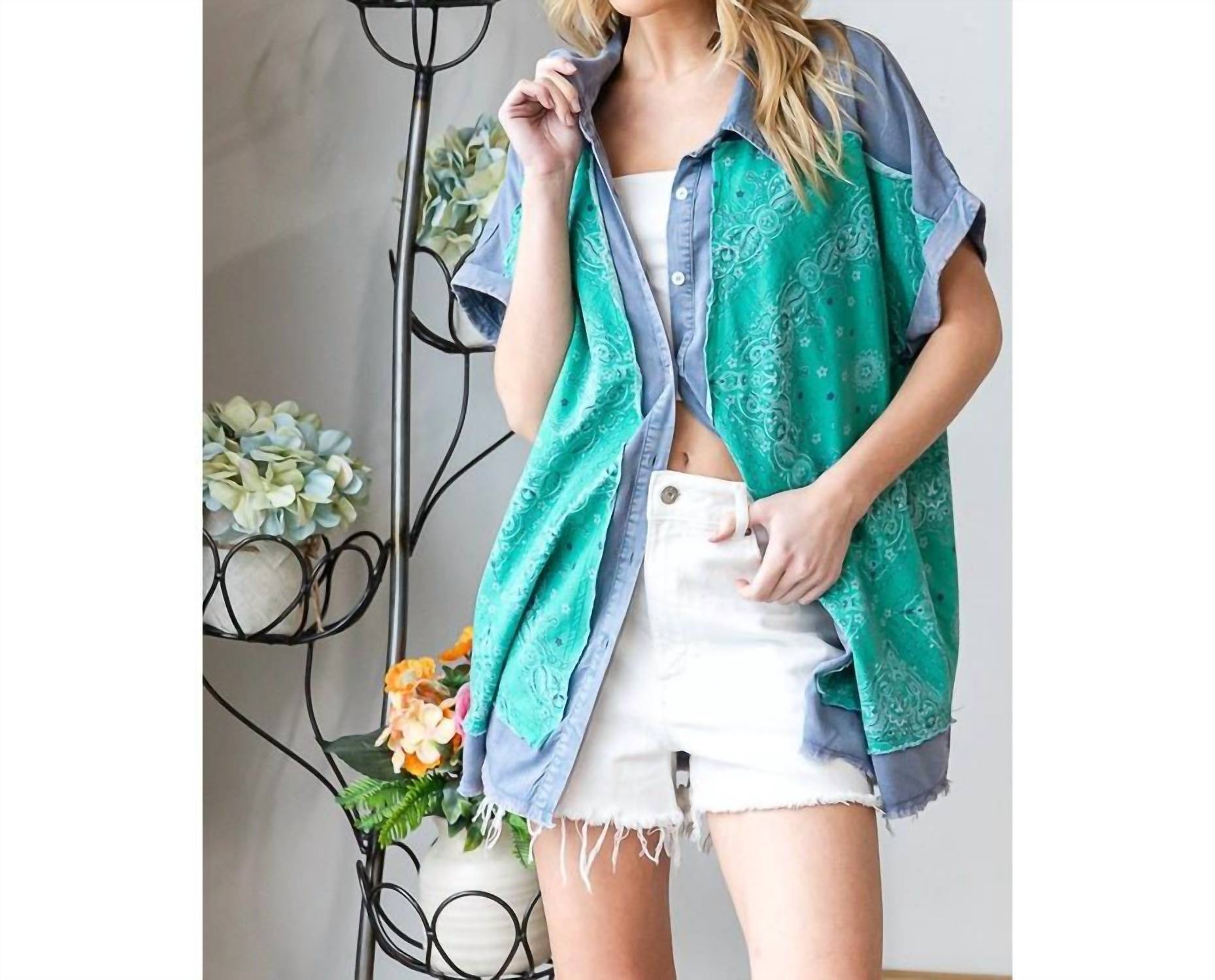 Oli & Hali - Washed Scarf Print Button Front Shirt