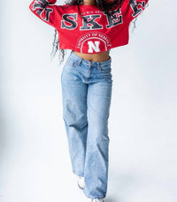 Gameday Social Nebraska Split Crop Crew Huskers Tee in red - women's long sleeve top