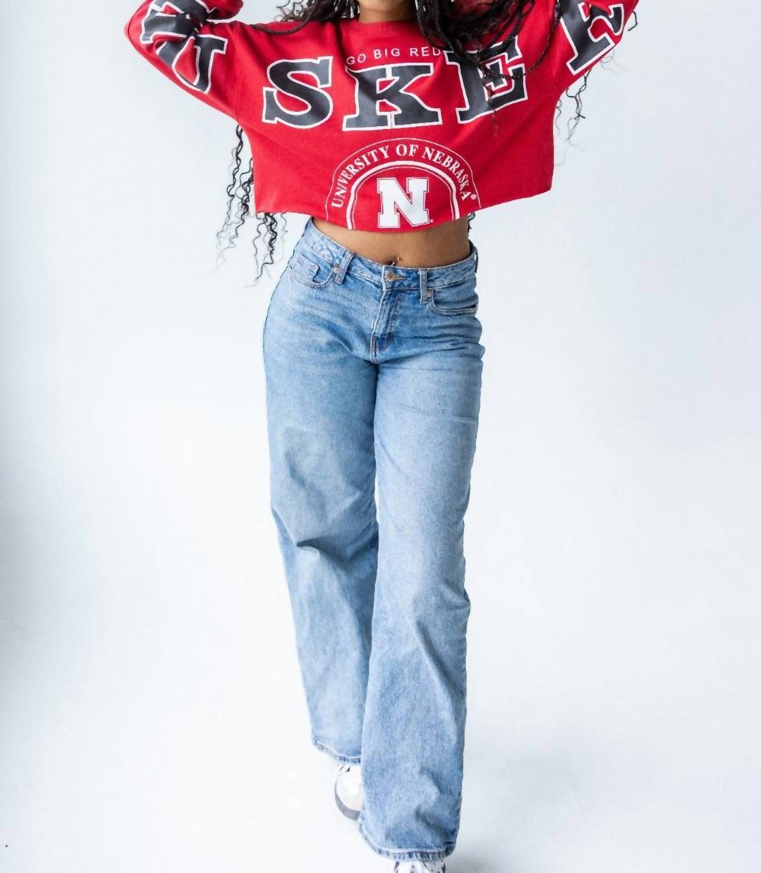 Gameday Social Nebraska Split Crop Crew Huskers Tee in red - women's long sleeve top