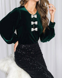 Vine & Love Sequin Bow Accent Luxe Velvet Blouse in hunter green - women's blouse - detail view