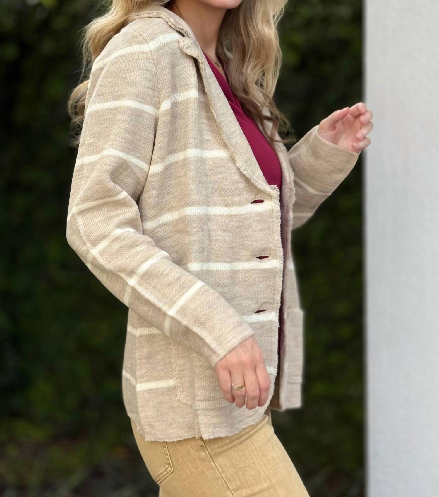 Renuar Striped Knit Jacket in tan combo - women's jacket