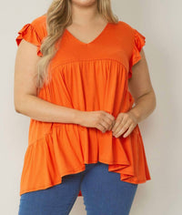 entro Tiered Ruffle Babydoll Top in orange - women's t-shirt