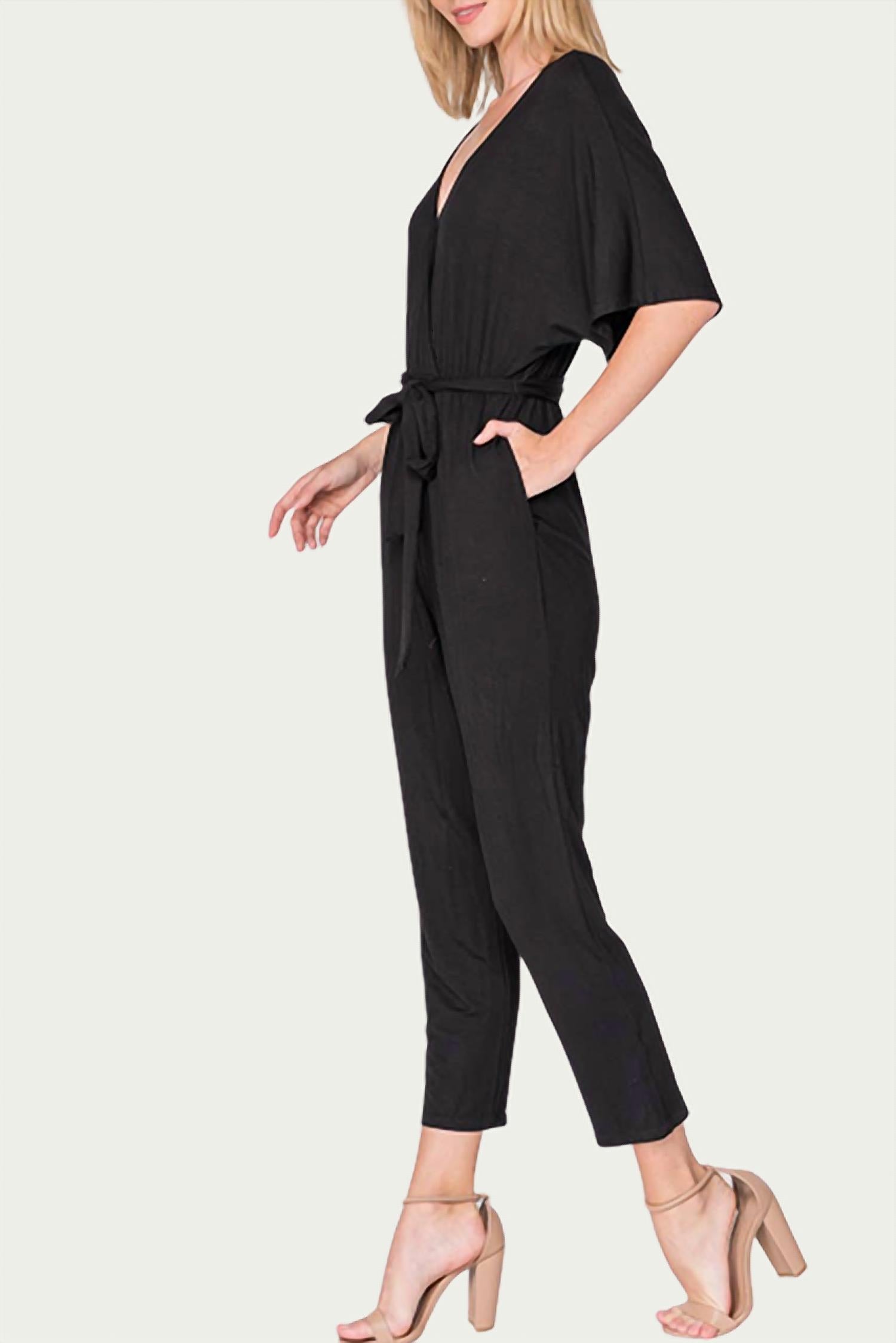WRAP-EFFECT BELTED STRETCH-JERSEY JUMPSUIT