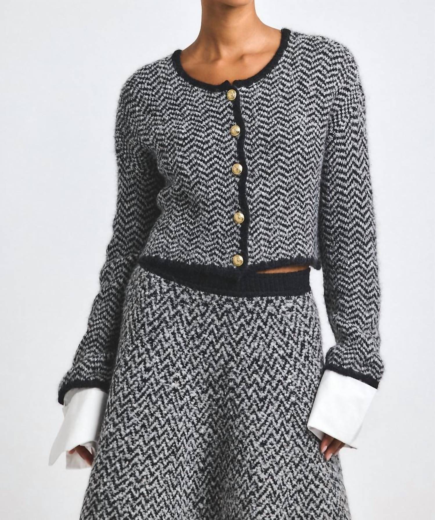 Derek Lam 10 Crosby Sabine Herringbone Knit Cardigan in black white - women's cardigan