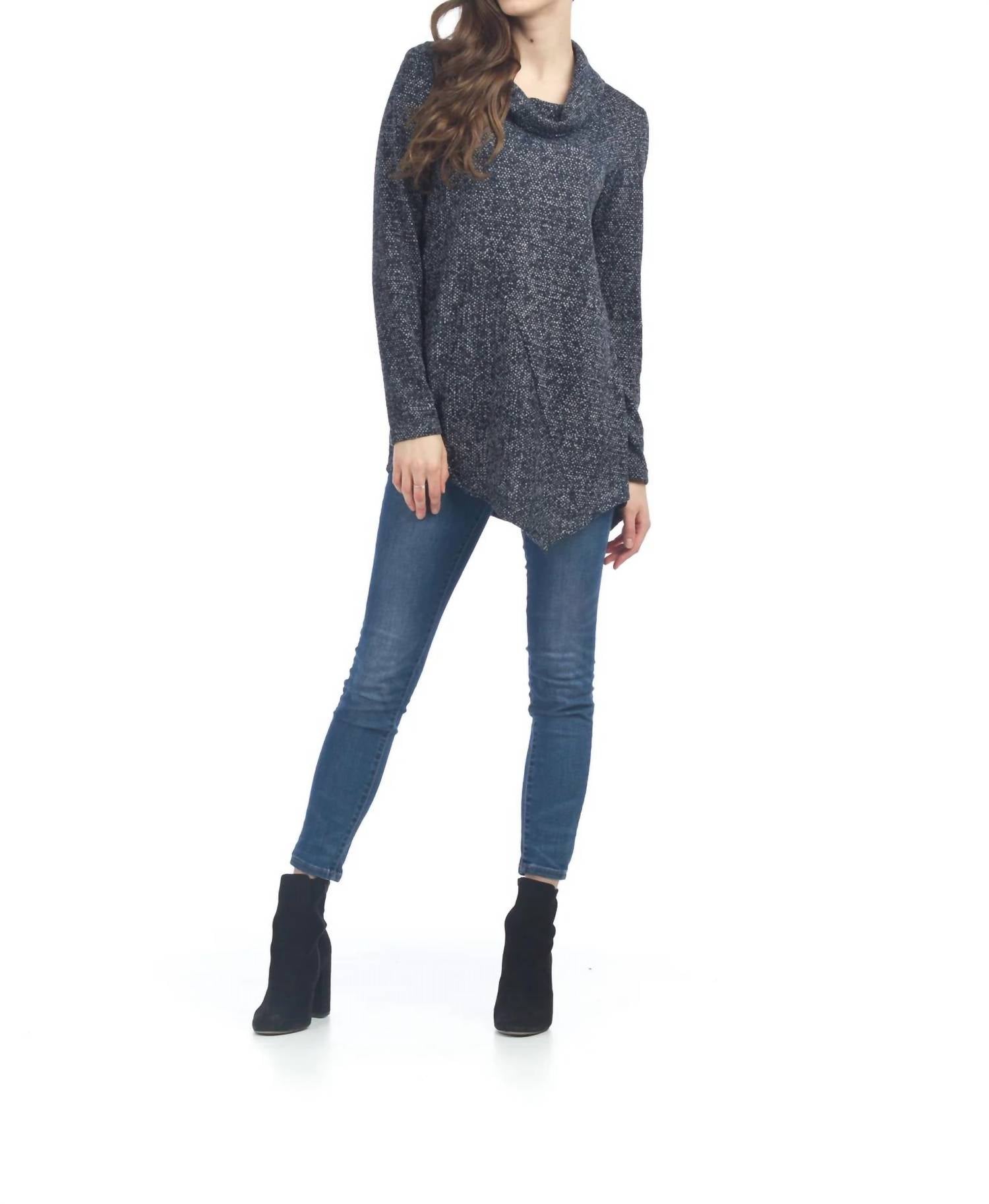 Papillon - Cowl Neck Tweed Angle Hem Sweater Top