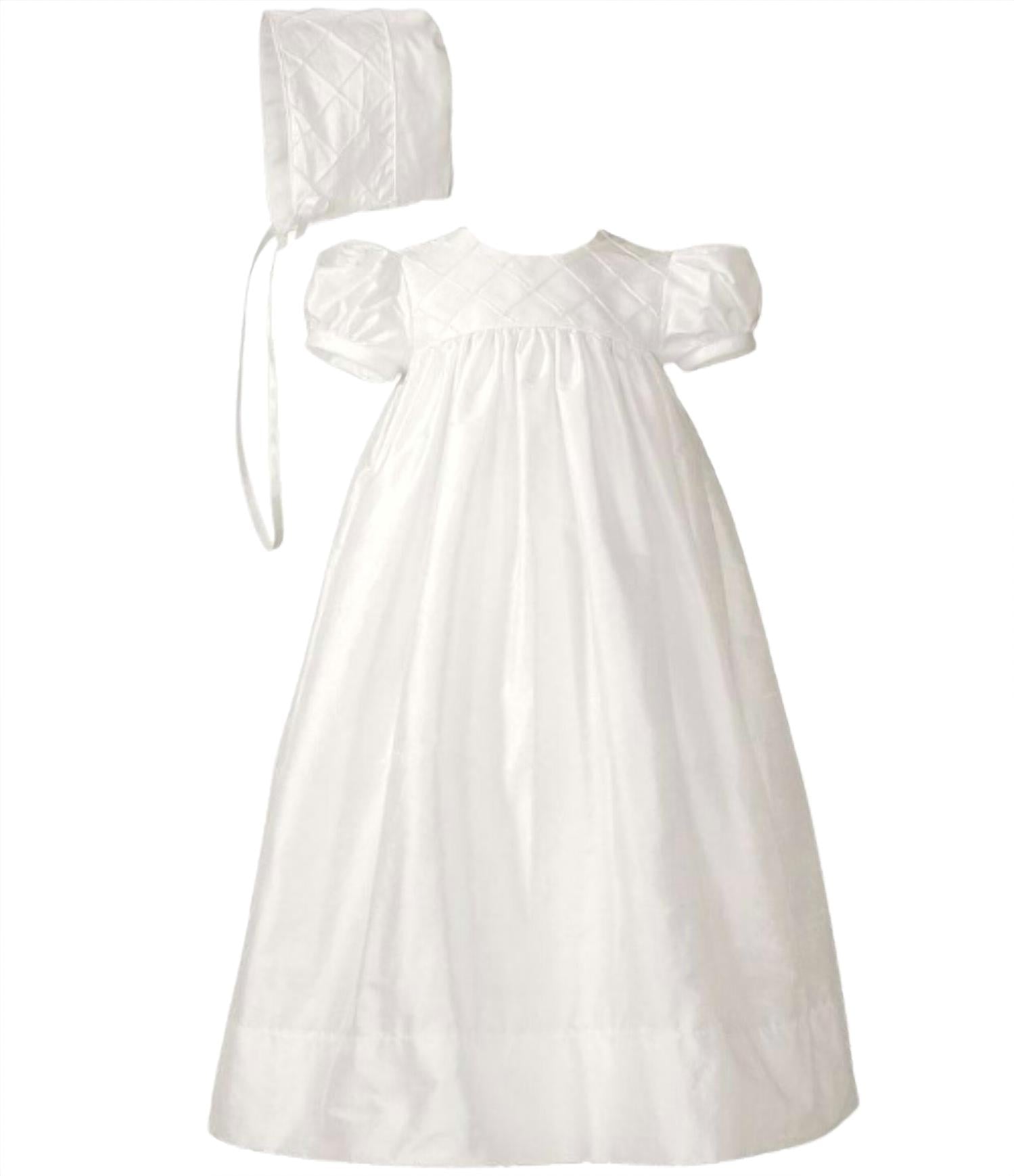 Little Things Mean a Lot Girl's Silk Dupioni Christening Baptism Gown With Lattice Bodice in white - kids' dress