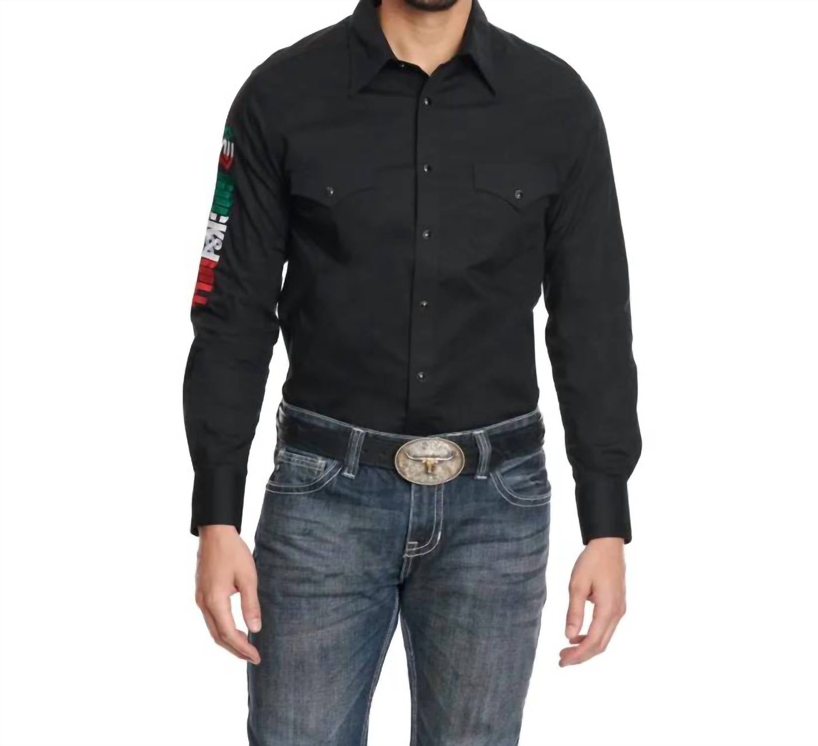 Rock & Roll Denim MEN'S EMBROIDERED MEXICO LOGO LONG SLEEVE WESTERN SHIRT in black - men's shirt
