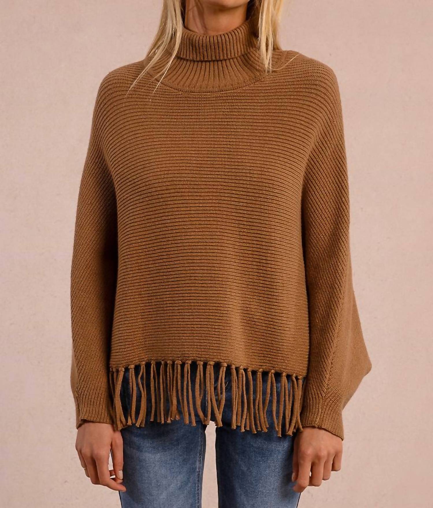 MOLLY BRACKEN Mock Neck Knitted Sweater in camel - women's sweater - detail view