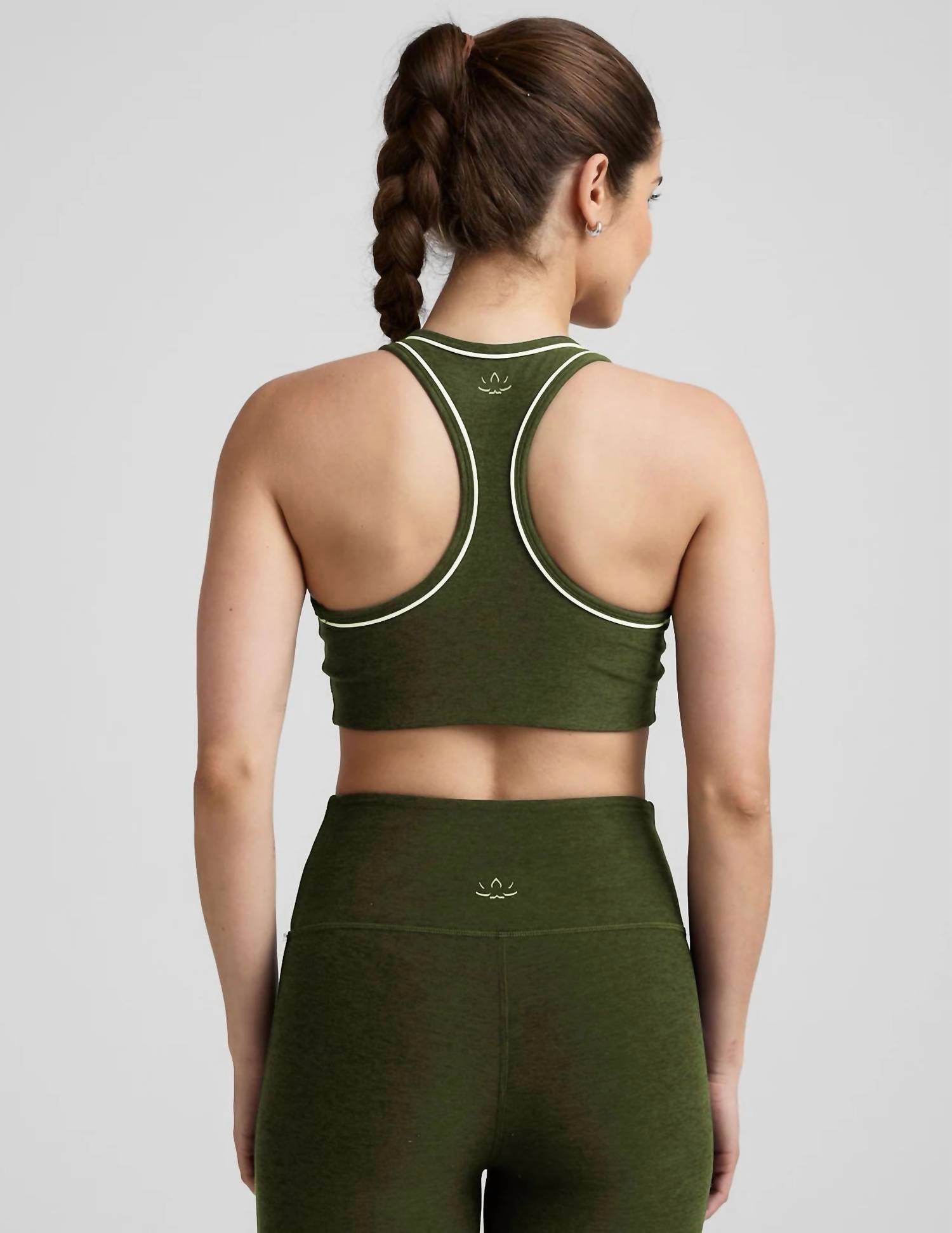 BEYOND YOGA Spacedye Ready Bra in army green heather - women's intimate - detail view