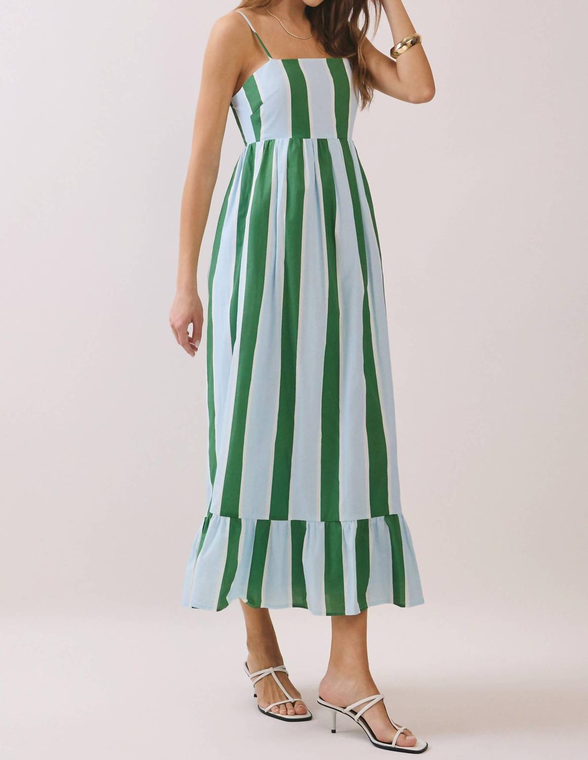 TCEC Stripe Smocked Maxi Dress With Pockets in green - women's dress - detail view