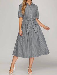 She + Sky - Short Sleeve Button Down Striped Midi Dress
